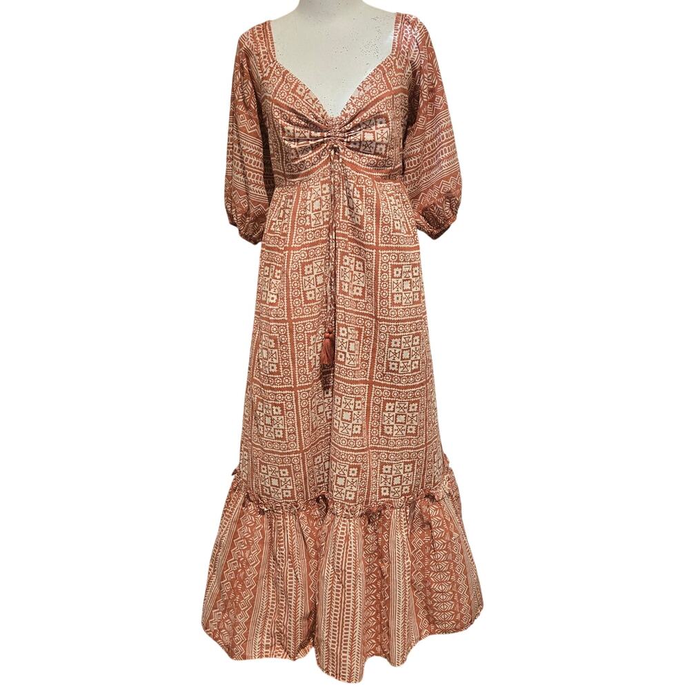 Cleobella Joely Midi Dress Organic Cotton Paisley Puff Sleeve Boho Terracotta L - Picture 3 of 12